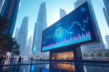 Paysage urbain futuriste avec logos Cardano et graphiques financiers