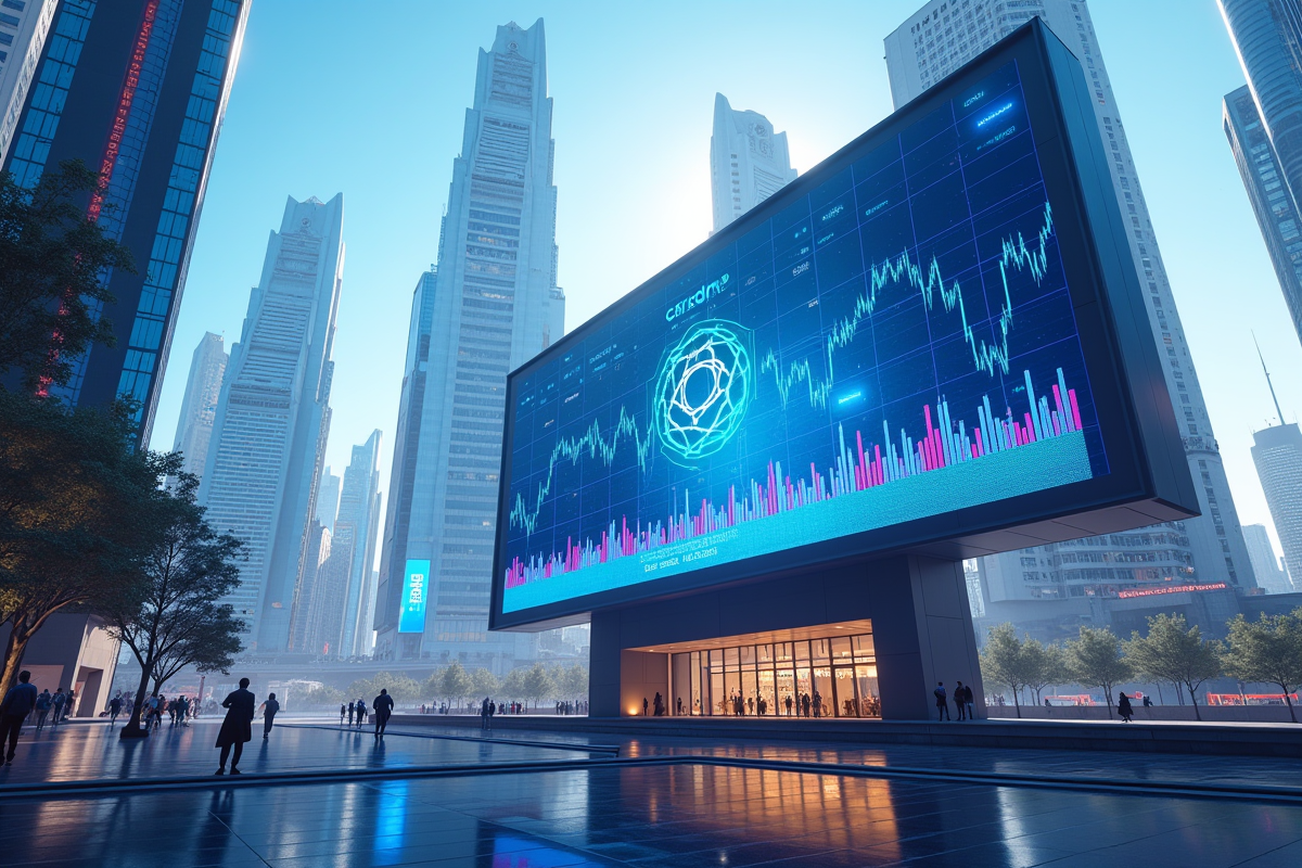 Paysage urbain futuriste avec logos Cardano et graphiques financiers