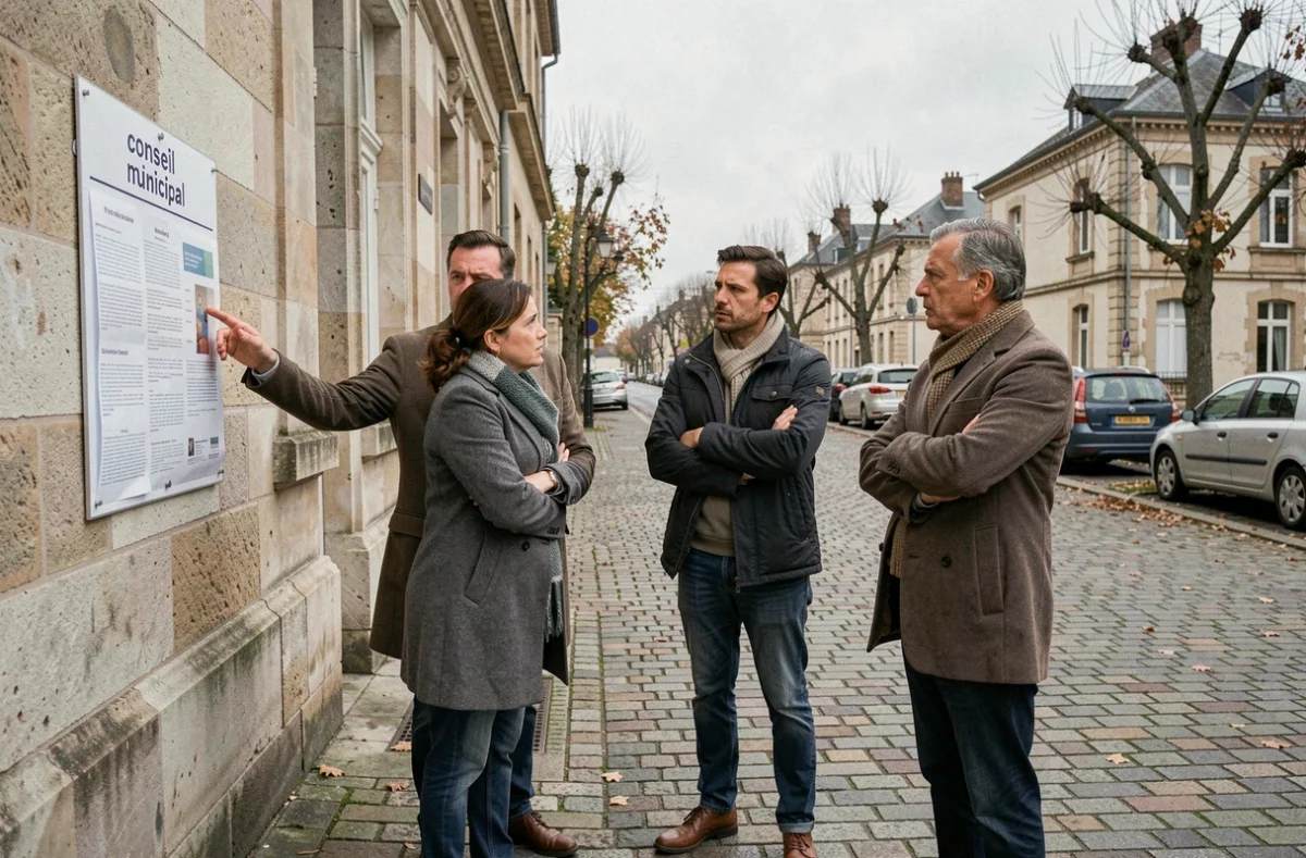 Citoyens français discutant devant une mairie en pierre, exprimant leur méfiance envers les rémunérations des maires