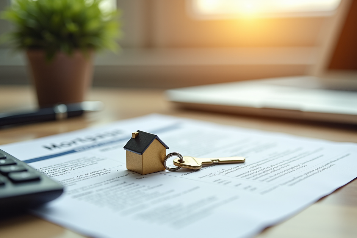 Clé en forme de maison sur un contrat de prêt immobilier avec calculatrice