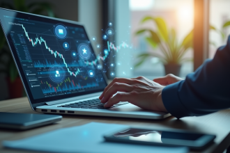 Main tapant sur un ordinateur avec icônes crypto et graphiques financiers