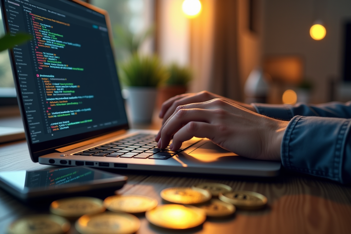 Mains tapant sur un ordinateur portable avec pièces bitcoin et cartes graphiques