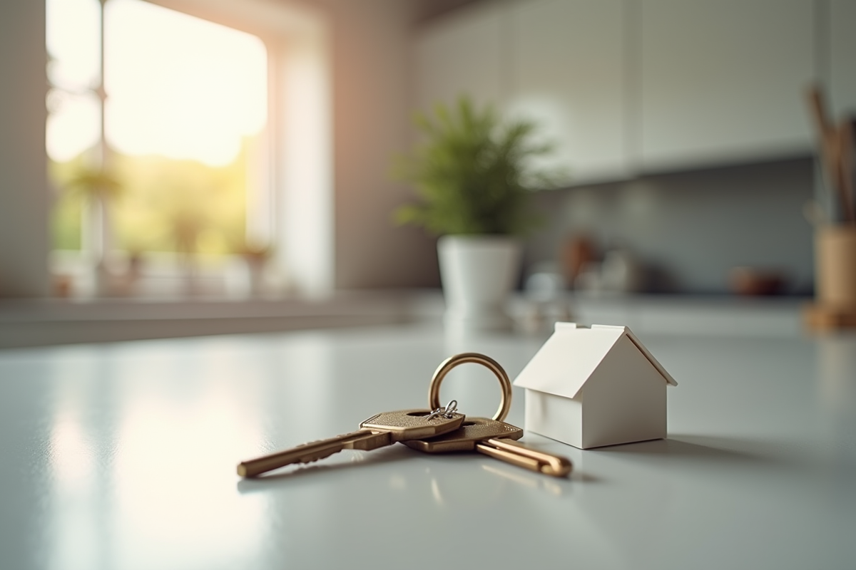 Clés de maison avec porte-clés sur un plan de travail moderne