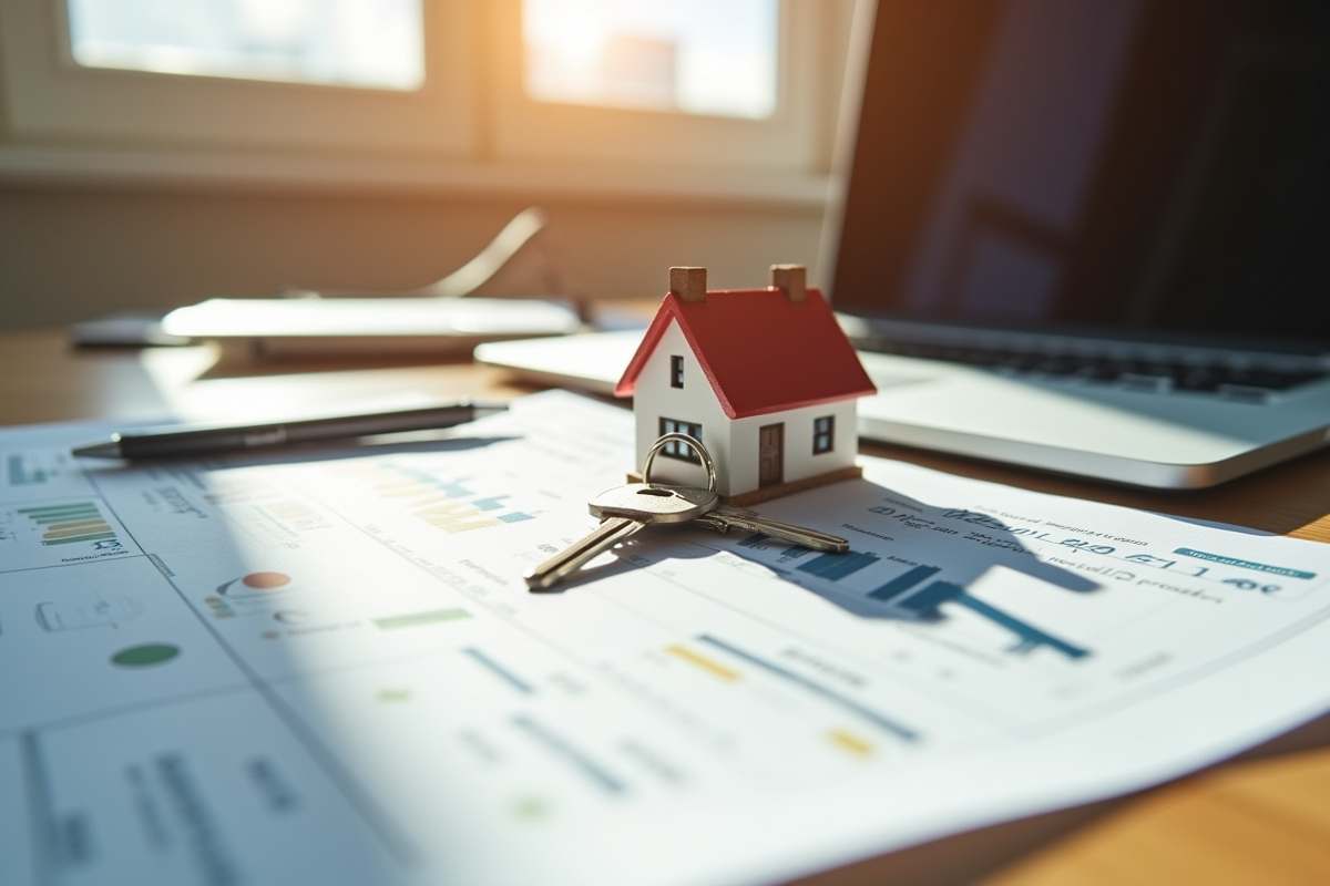 Clés et maquette de maison sur rapport immobilier en lumière