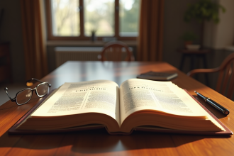Livre de code civil français ouvert sur un bureau en bois avec lunettes