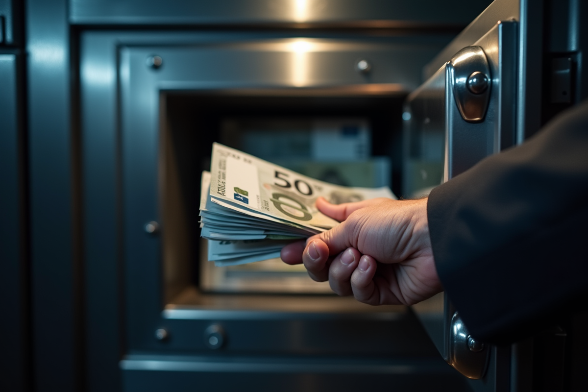 Main ouvrant un coffre-fort avec des billets de 500 euros