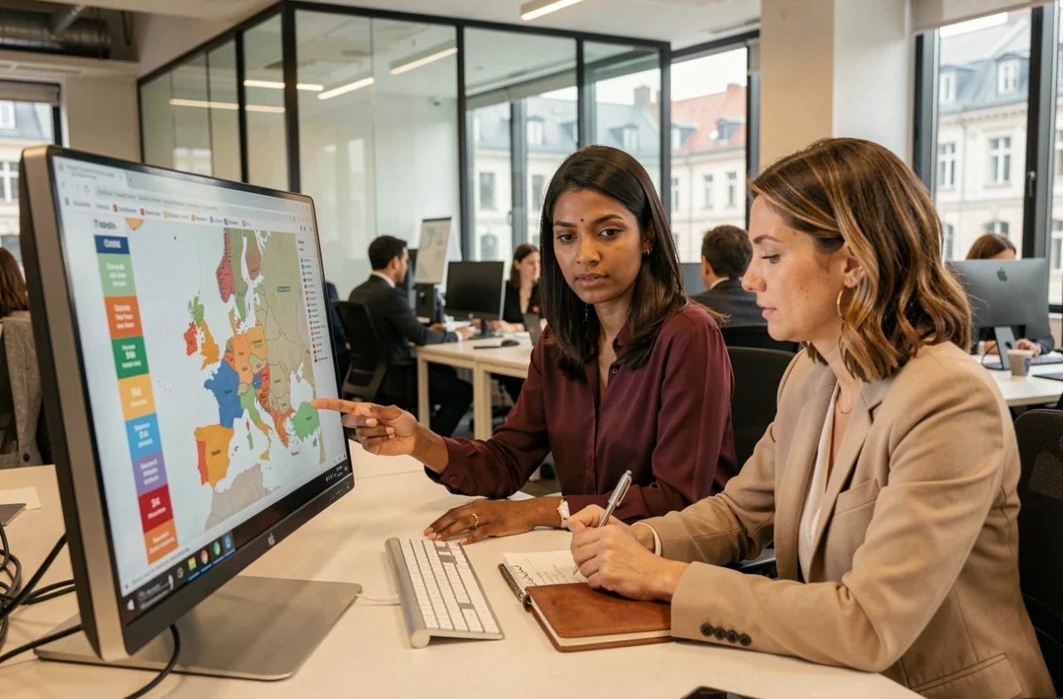 Deux professionnelles en finance collaborant sur la gestion du crédit international avec une carte des expositions européennes affichée à l'écran