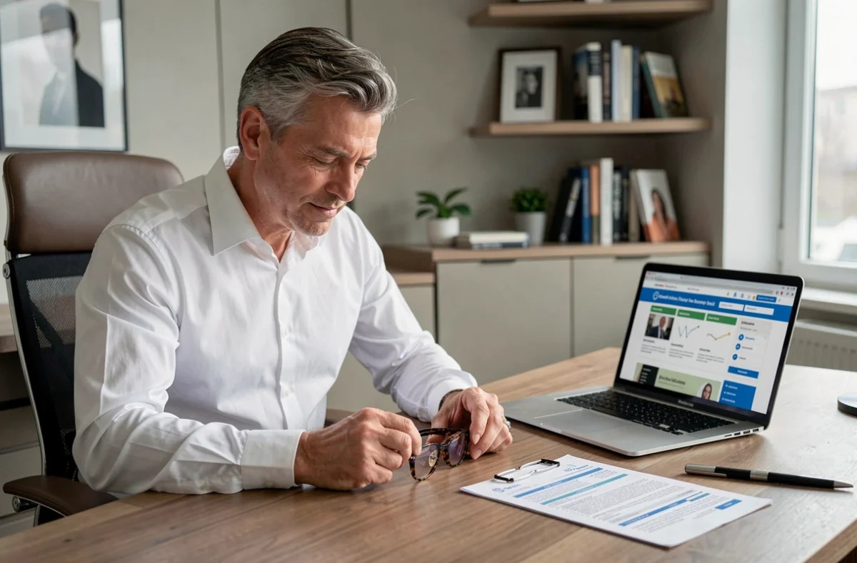 Homme comparant des montures de lunettes premium et des offres d'assurance sur son bureau à domicile