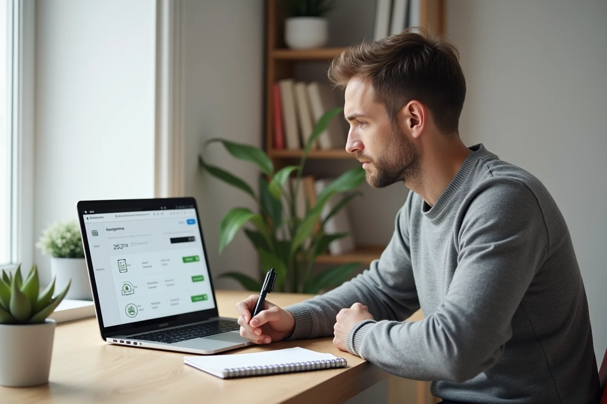 Homme comparant les frais et alternatives aux cagnottes en ligne sur son ordinateur portable à domicile
