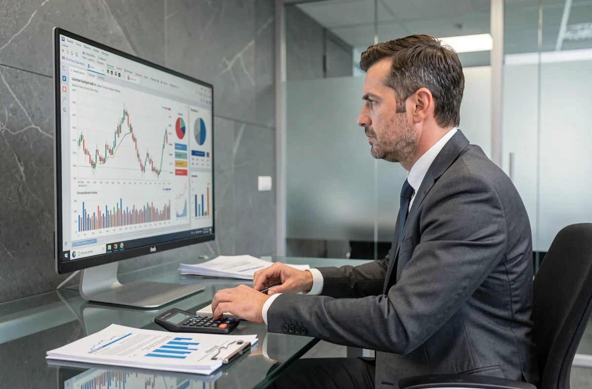 Conseiller de Conseil Capital analysant des graphiques de rendement locatif dans un bureau financier moderne de l'Oise