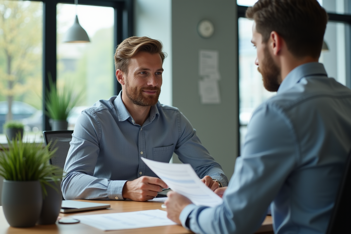 Conseiller bancaire discutant avec un client dans une agence moderne
