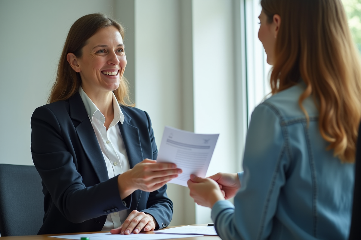 Conseiller emploi souriant donnant une brochure a un client