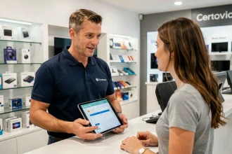 Conseiller en magasin présentant une solution de financement Cofidis Pro à une cliente sur tablette au comptoir