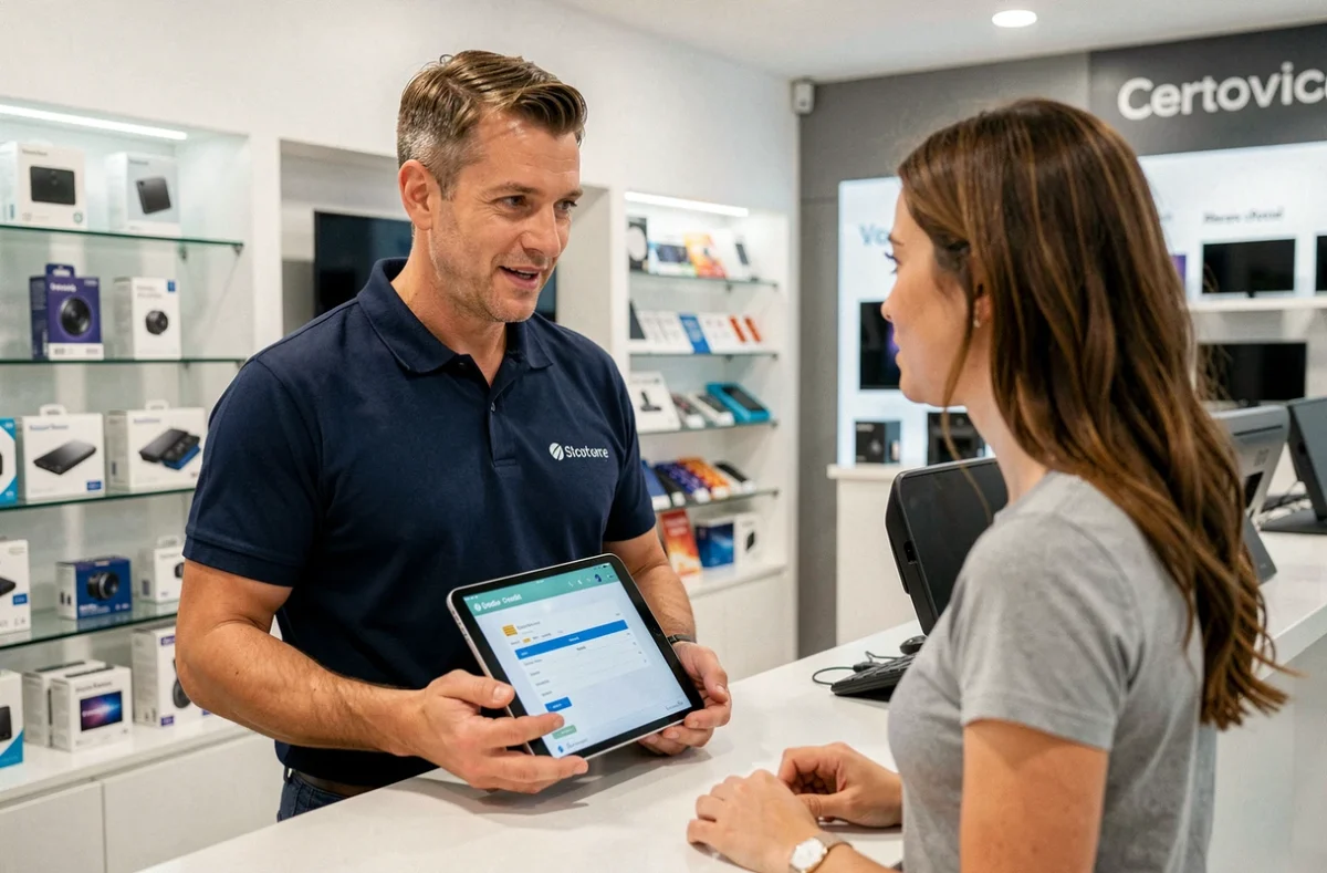 Conseiller en magasin présentant une solution de financement Cofidis Pro à une cliente sur tablette au comptoir