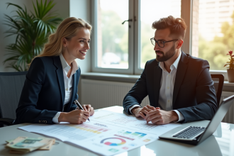 Conseiller financier et client examinant un document avec chiffres
