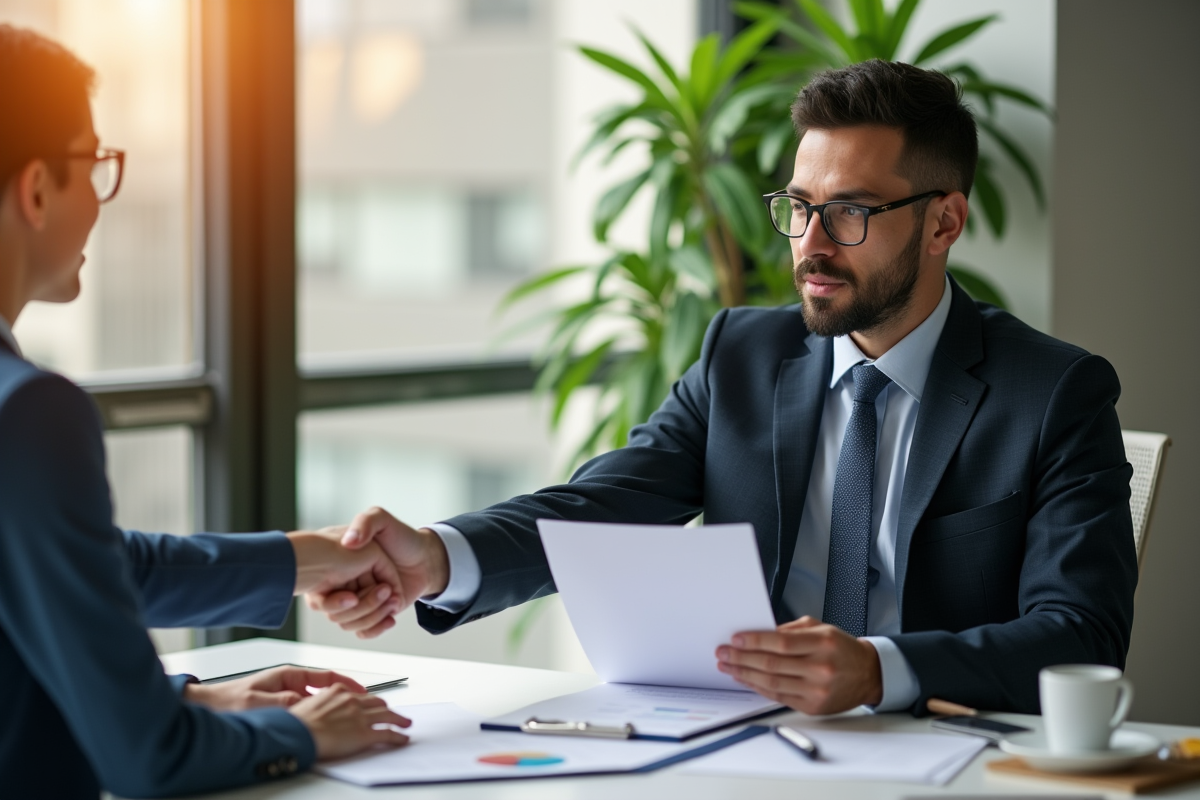 Conseiller financier remettant un document à un client dans un bureau lumineux