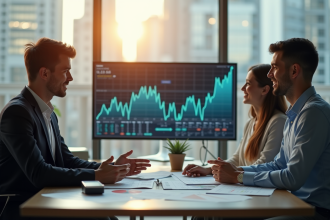 Conseiller financier discutant des graphiques avec un couple dans un bureau lumineux