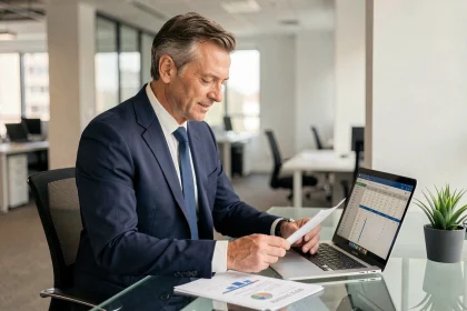 Conseiller financier en costume marine analysant des documents de trésorerie dans un bureau moderne et professionnel