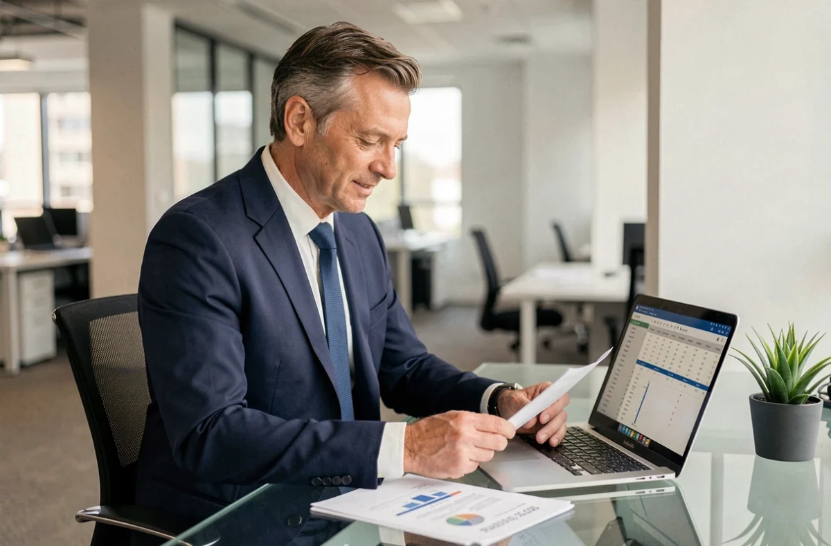 Conseiller financier en costume marine analysant des documents de trésorerie dans un bureau moderne et professionnel