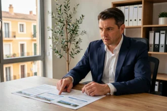 Conseiller en investissement locatif dans l'Hérault discutant d'un projet immobilier avec un client dans un bureau moderne à Montpellier