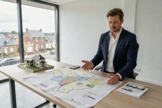 Conseiller en investissement locatif dans l'Oise présentant une carte immobilière régionale sur une table de réunion moderne