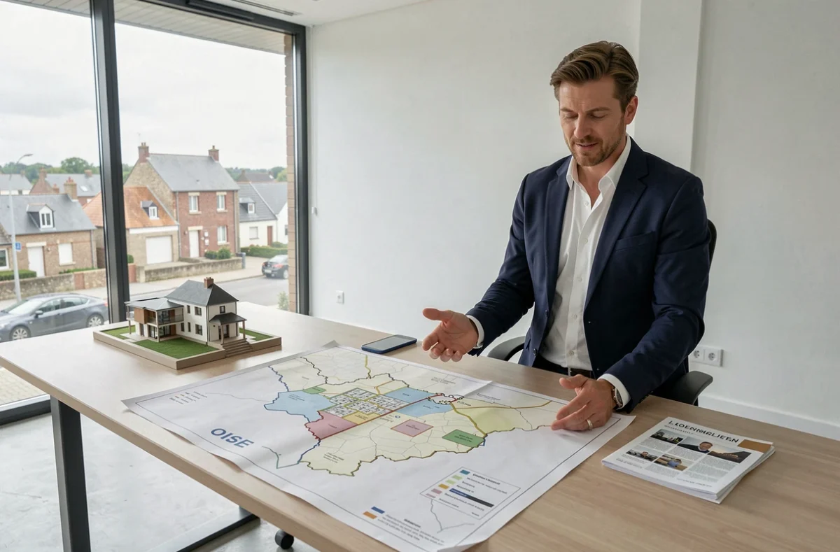 Conseiller en investissement locatif dans l'Oise présentant une carte immobilière régionale sur une table de réunion moderne