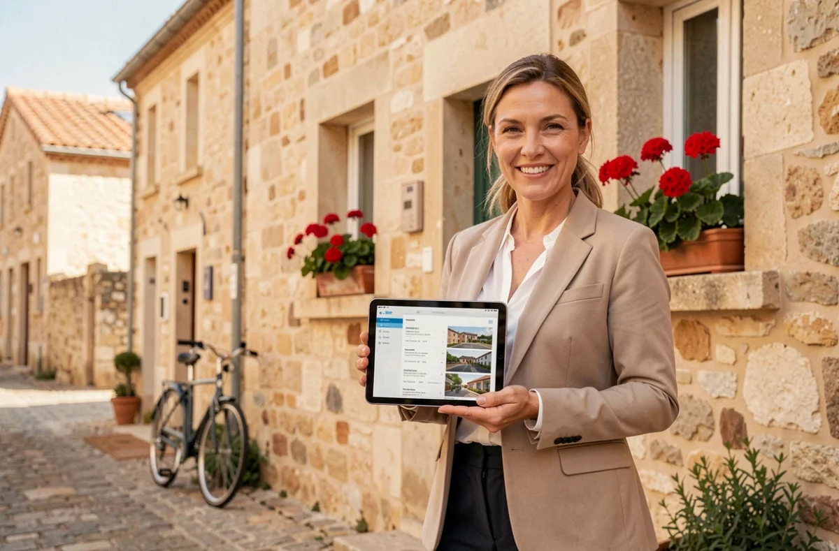 Conseillère en investissement locatif présentant des biens immobiliers devant une résidence en pierre dans l'Hérault