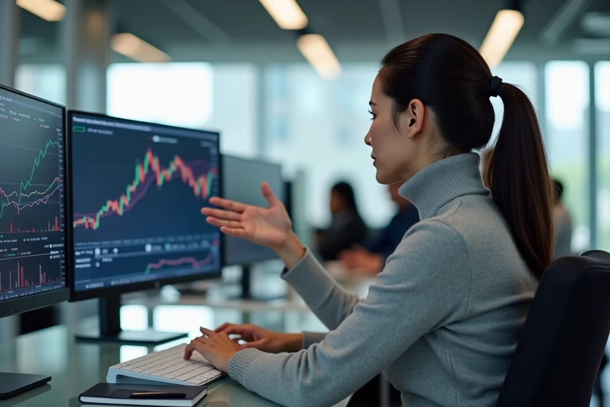Conseillère financière étudiant les performances d'un fonds infrastructure coté en bourse dans un bureau moderne