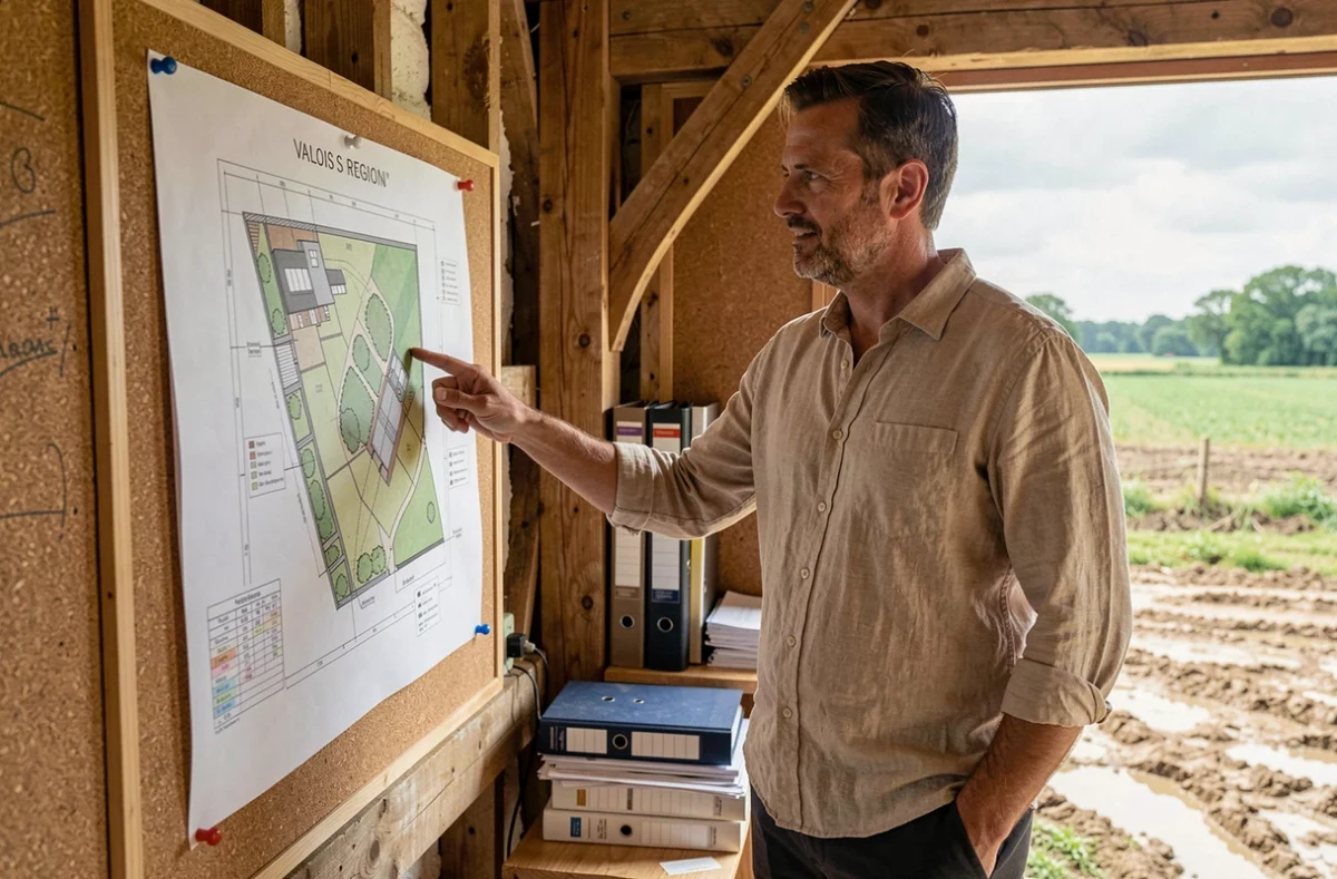 Expert des Constructions du Valois analysant un plan de projet résidentiel dans une agence de chantier de l'Oise