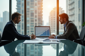 Consultant bancaire professionnel discutant de documents financiers
