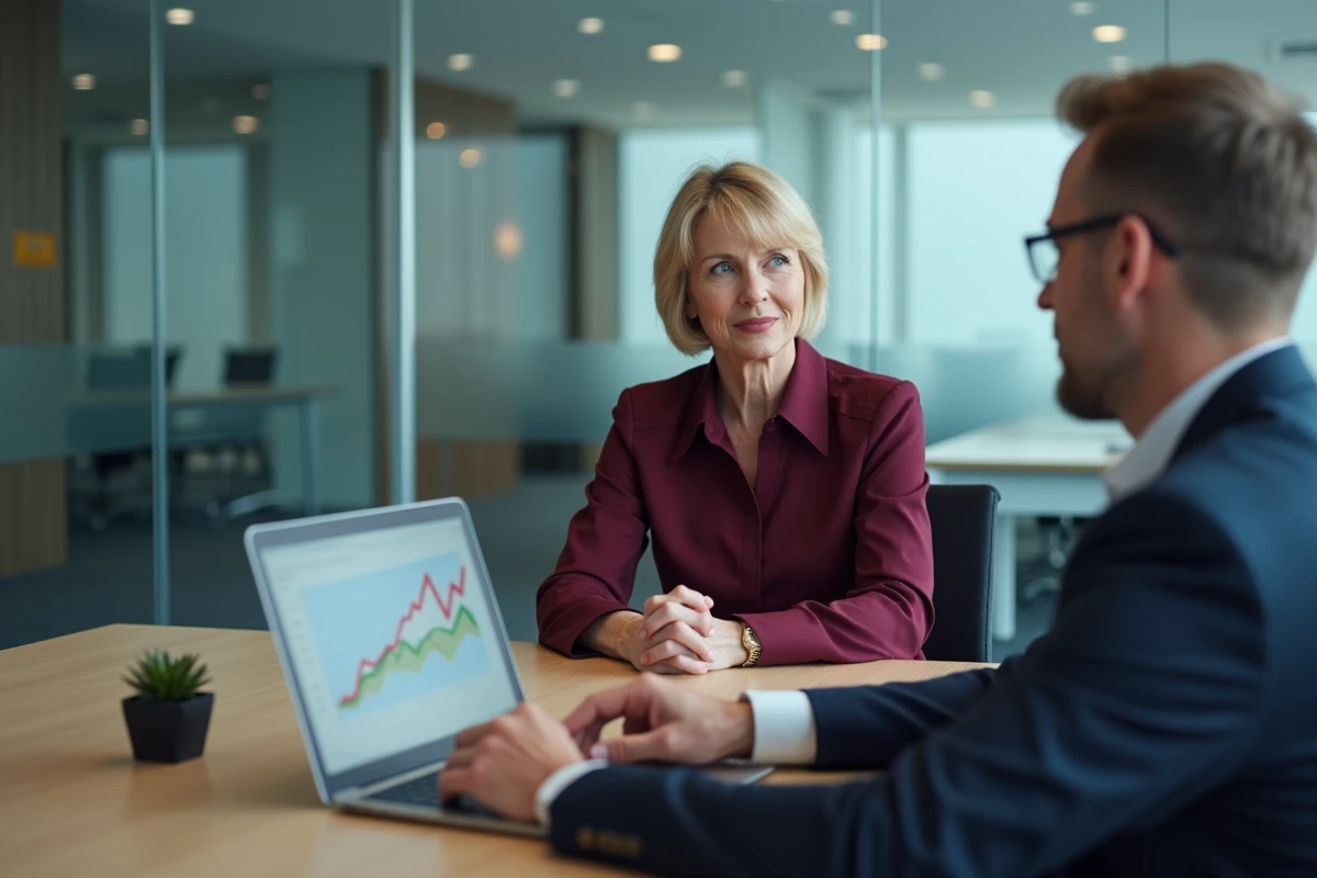 Une femme d'une cinquantaine d'années en consultation avec un conseiller financier pour planifier sa retraite anticipée et optimiser son abattement fiscal en 2026