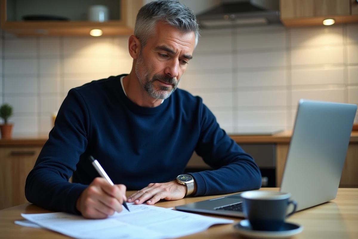 Homme v&eacute;rifiant sa fiche de paie sur ordinateur portable &agrave; domicile pour contr&ocirc;ler son salaire minimum en Suisse