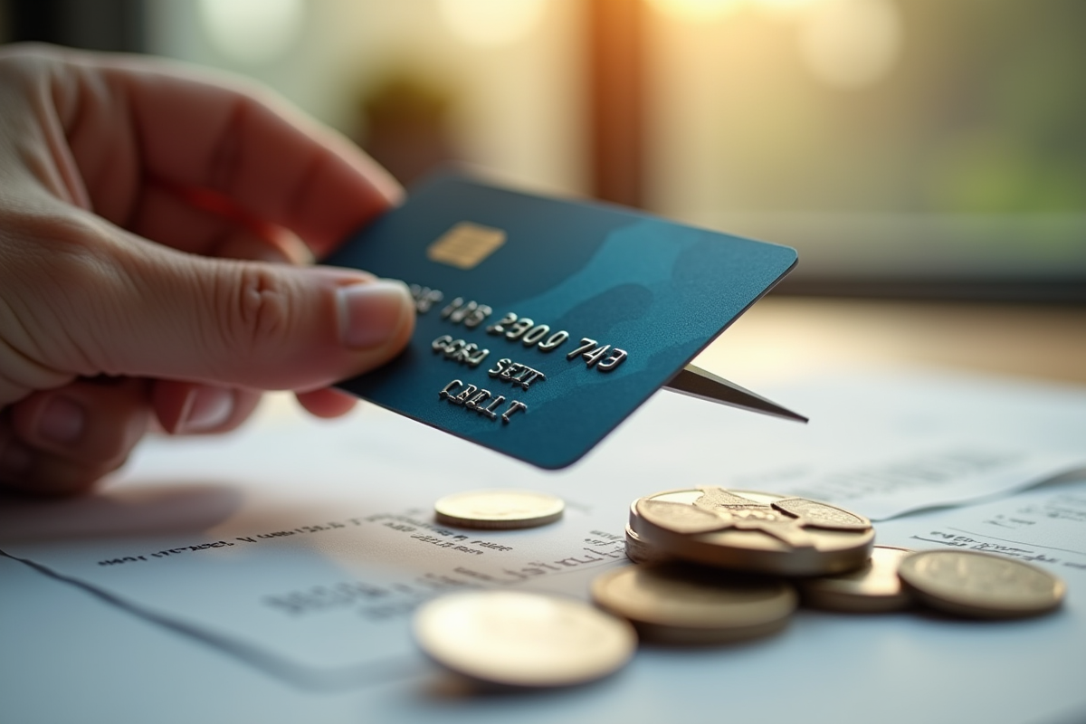 Main coupant une carte bancaire avec des pièces et reçus sur la table