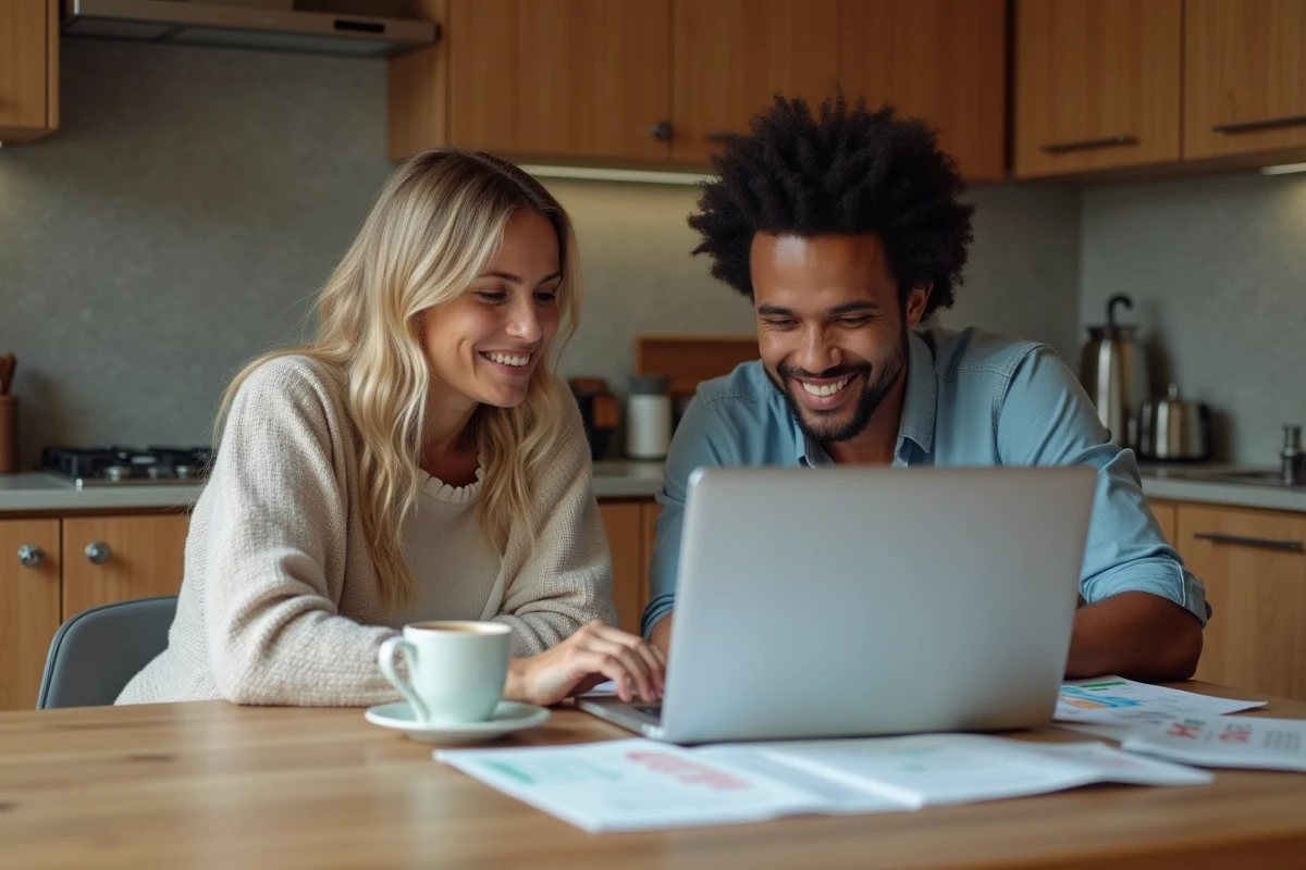 Couple français consultant leur budget familial sur un ordinateur portable dans une cuisine moderne, représentant la gestion des revenus et le niveau de vie médian en France