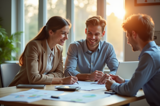 Jeune couple discutant de prêt immobilier avec conseiller dans un bureau lumineux