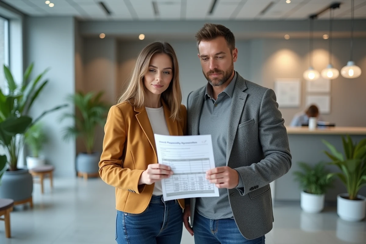 Couple consultant un calendrier de paiement CAF dans un bureau administratif pour planifier leurs allocations familiales 2026