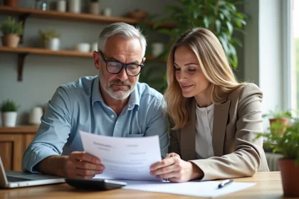 Couple d'adultes examinant des documents d'assurance &agrave; la maison