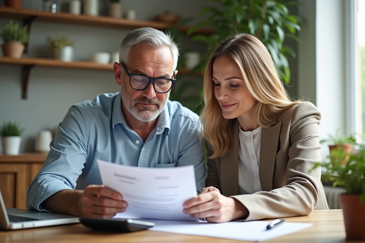 Couple d'adultes examinant des documents d'assurance à la maison