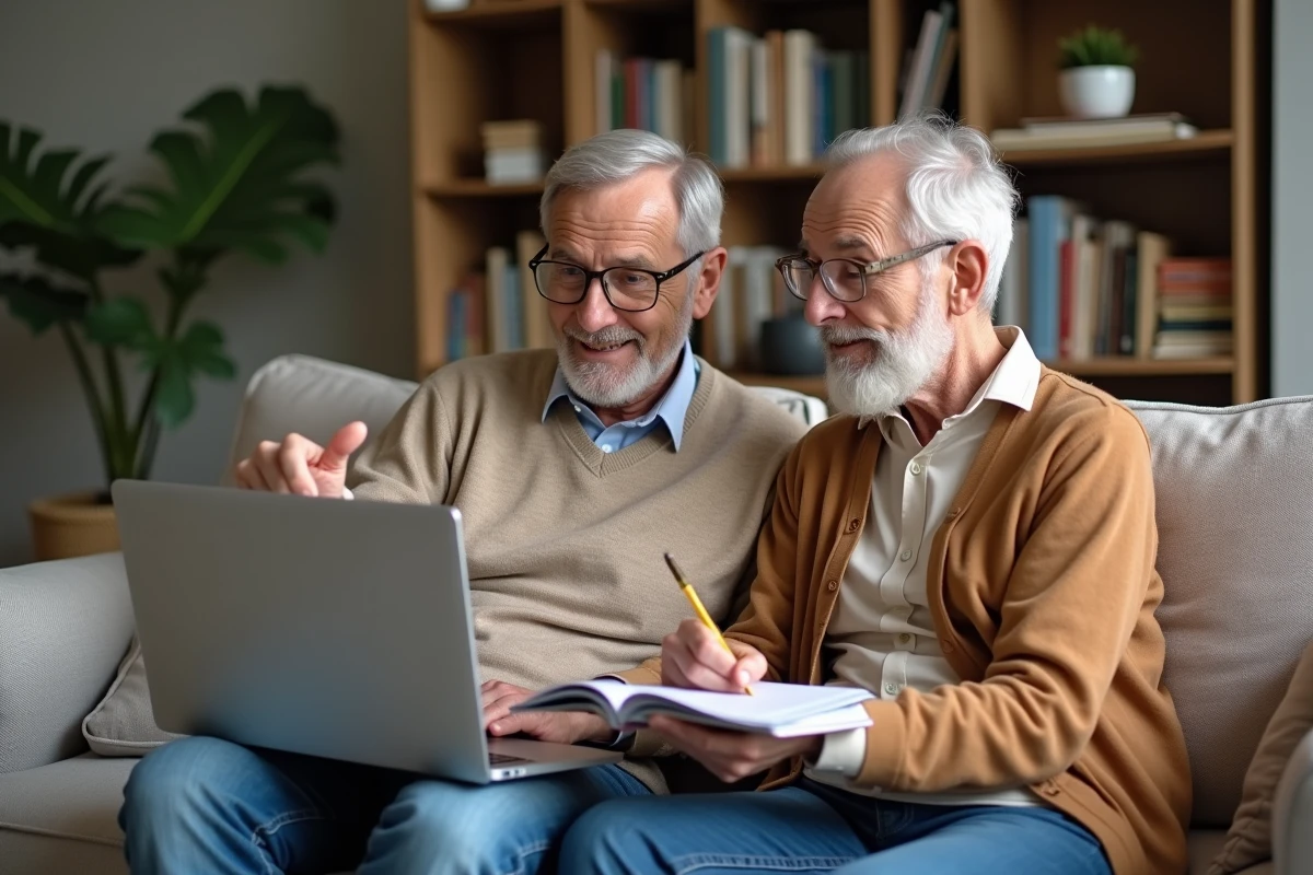 Couple en train de remplir ensemble leur déclaration d'impôt sur le revenu en ligne dans un salon confortable