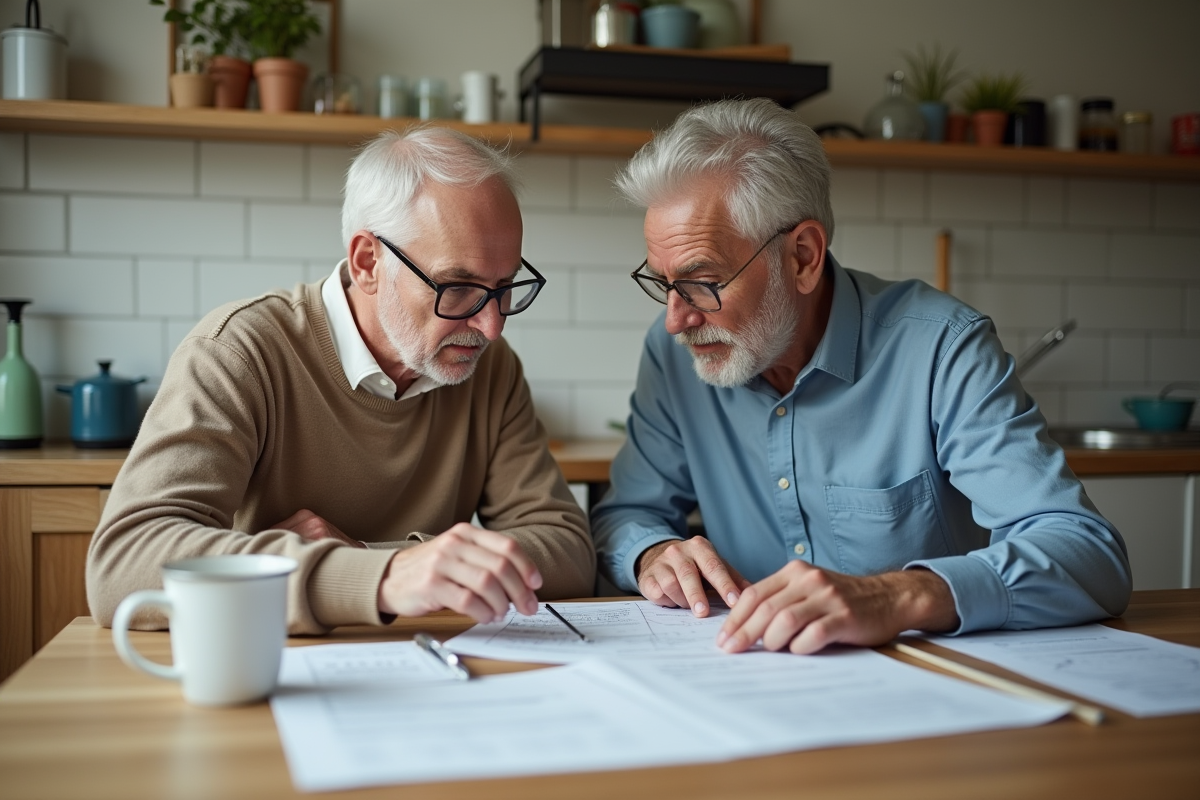 Couple discutant de finances dans une cuisine lumineuse