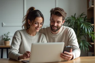 Couple gérant leur compte joint en ligne sur un ordinateur portable dans un bureau à domicile moderne