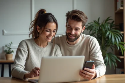 Couple gérant leur compte joint en ligne sur un ordinateur portable dans un bureau à domicile moderne