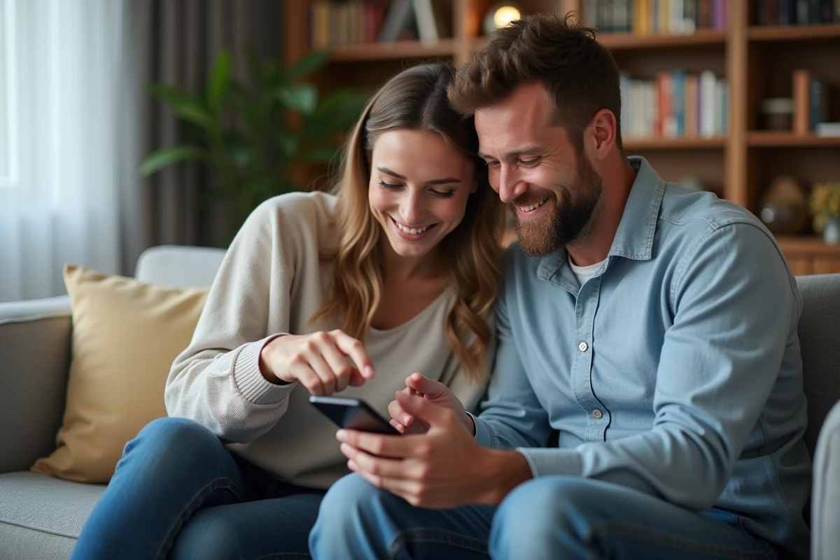 Couple gérant ensemble leurs factures Free mobile et Freebox sur smartphone dans leur salon