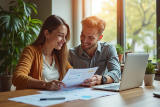 Jeune couple professionnel étudiant des documents financiers