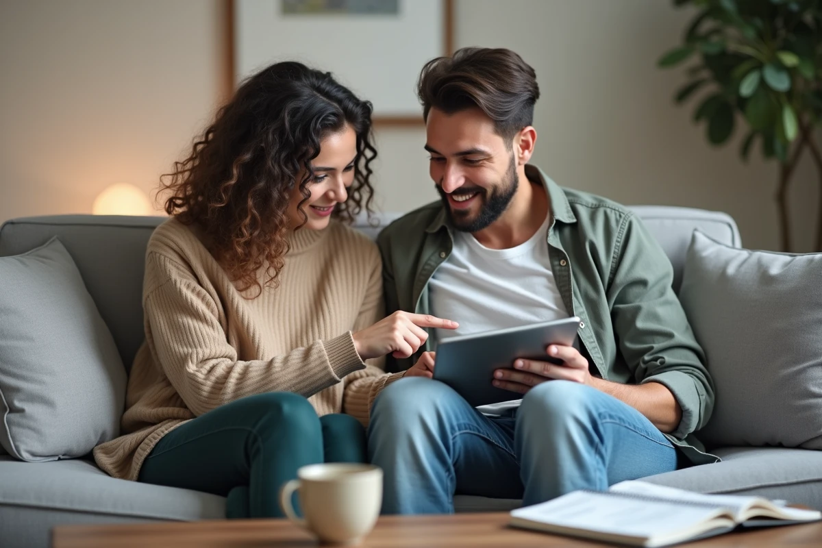 Couple consultant une application bancaire sur tablette pour gérer leurs virements récurrents dans un salon moderne