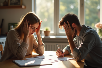 Couple inquiet examinant documents d'assurance à la maison