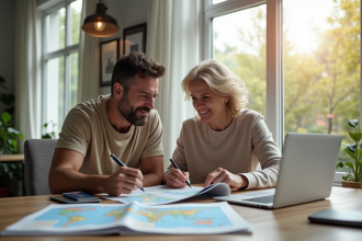 Couple international dans un bureau moderne examinant des documents de retraite