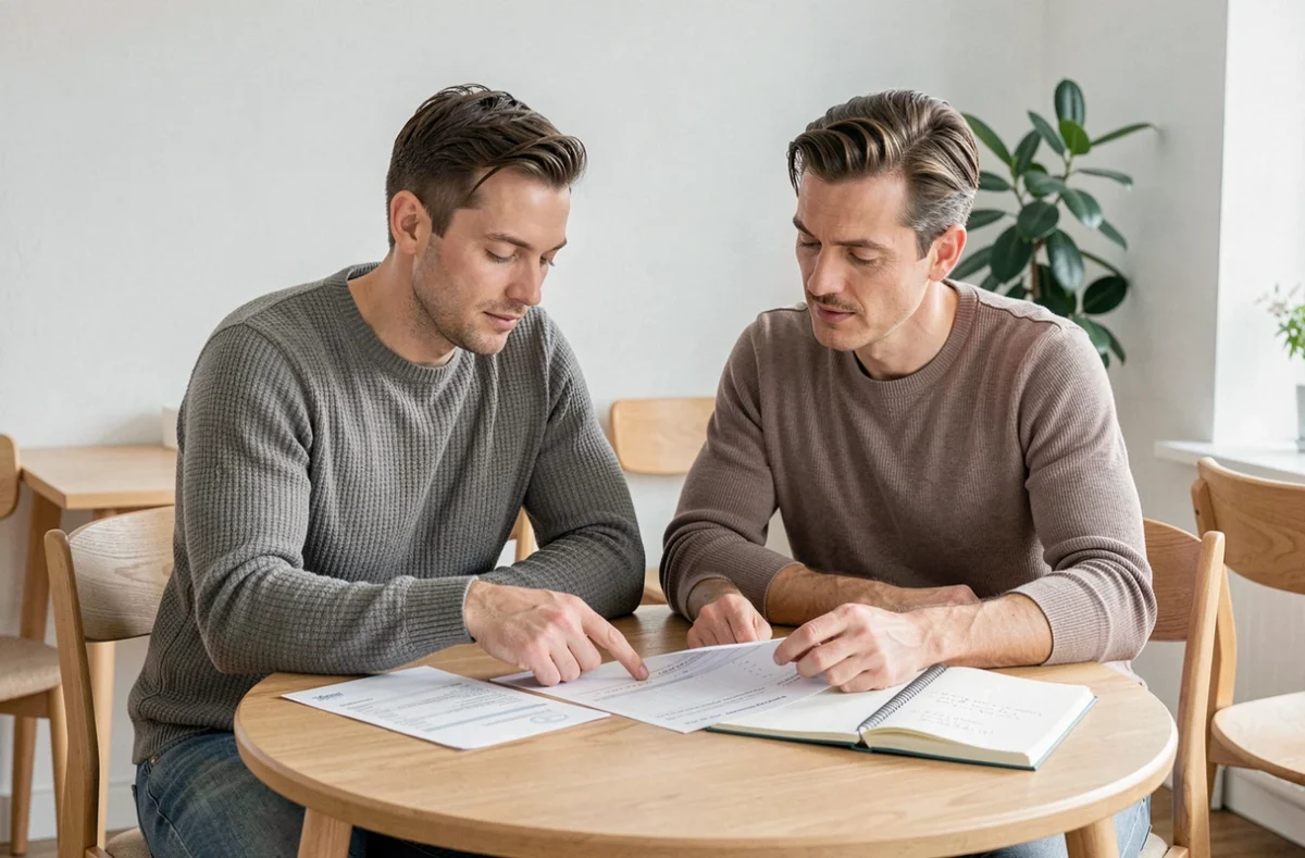 Couple planifiant ensemble leurs versements mensuels sur un Livret A autour d'un tableau de budget