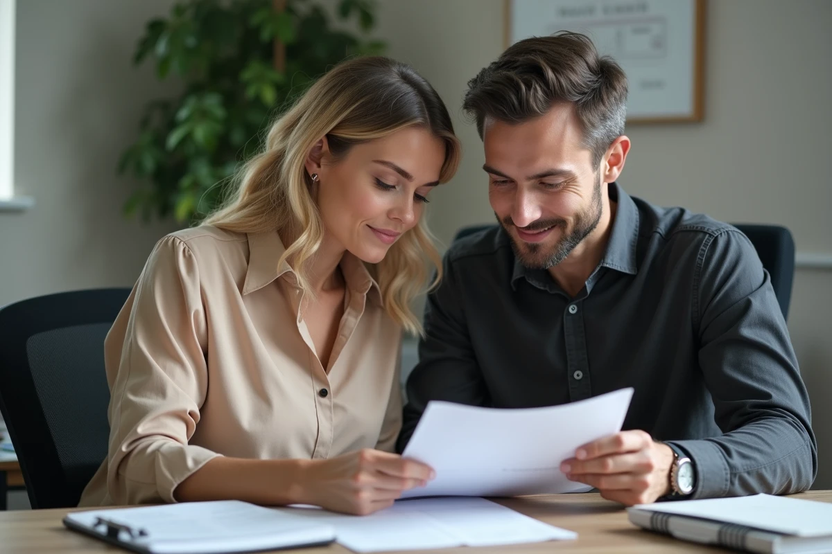 Couple en situation précaire discutant d'un emprunt de 1500 euros avec un conseiller financier