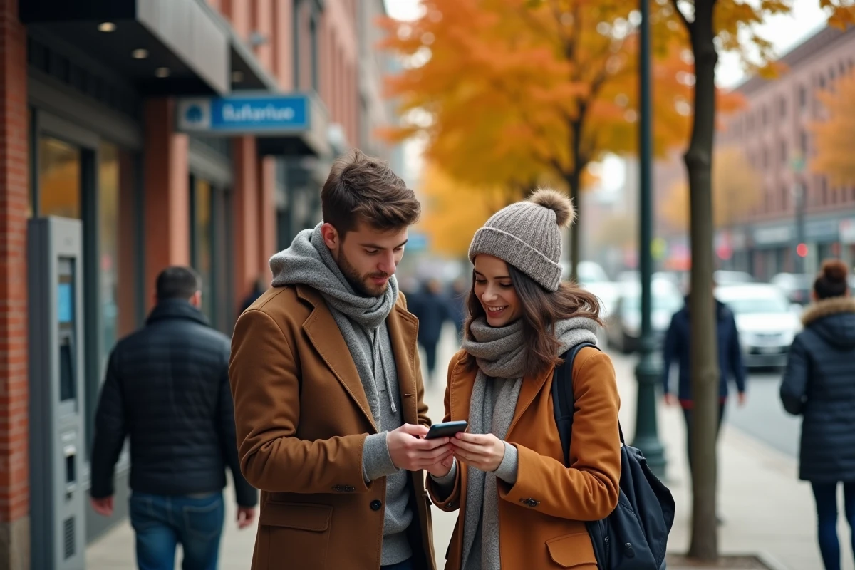 Couple cherchant un distributeur de billets proche sur smartphone dans une rue commerçante en automne